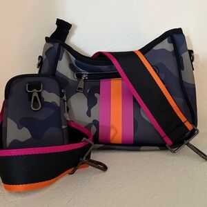 NEW without tags. Camouflage Crossbody Bag with Pink and Orange Stripes